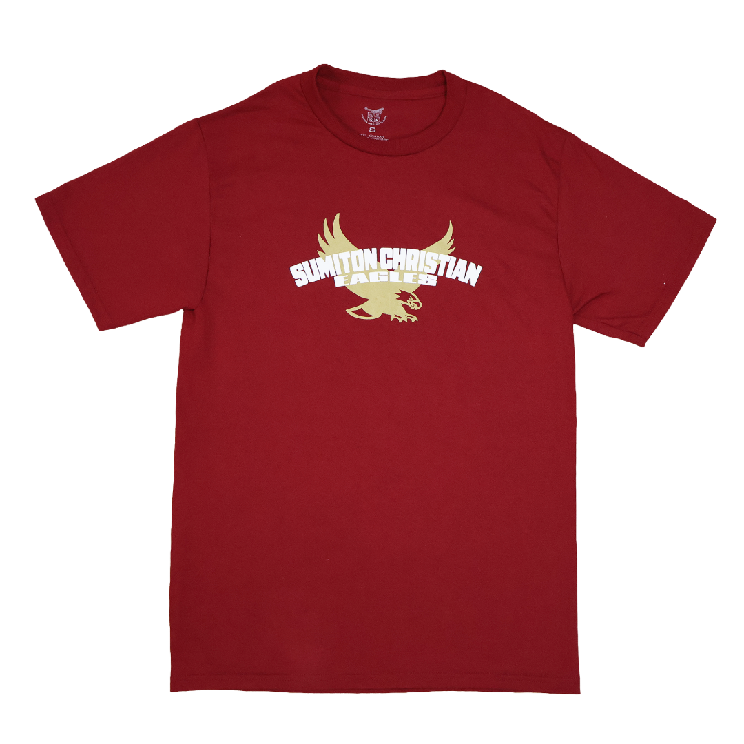 Red t-shirt with a logo and text on a white background