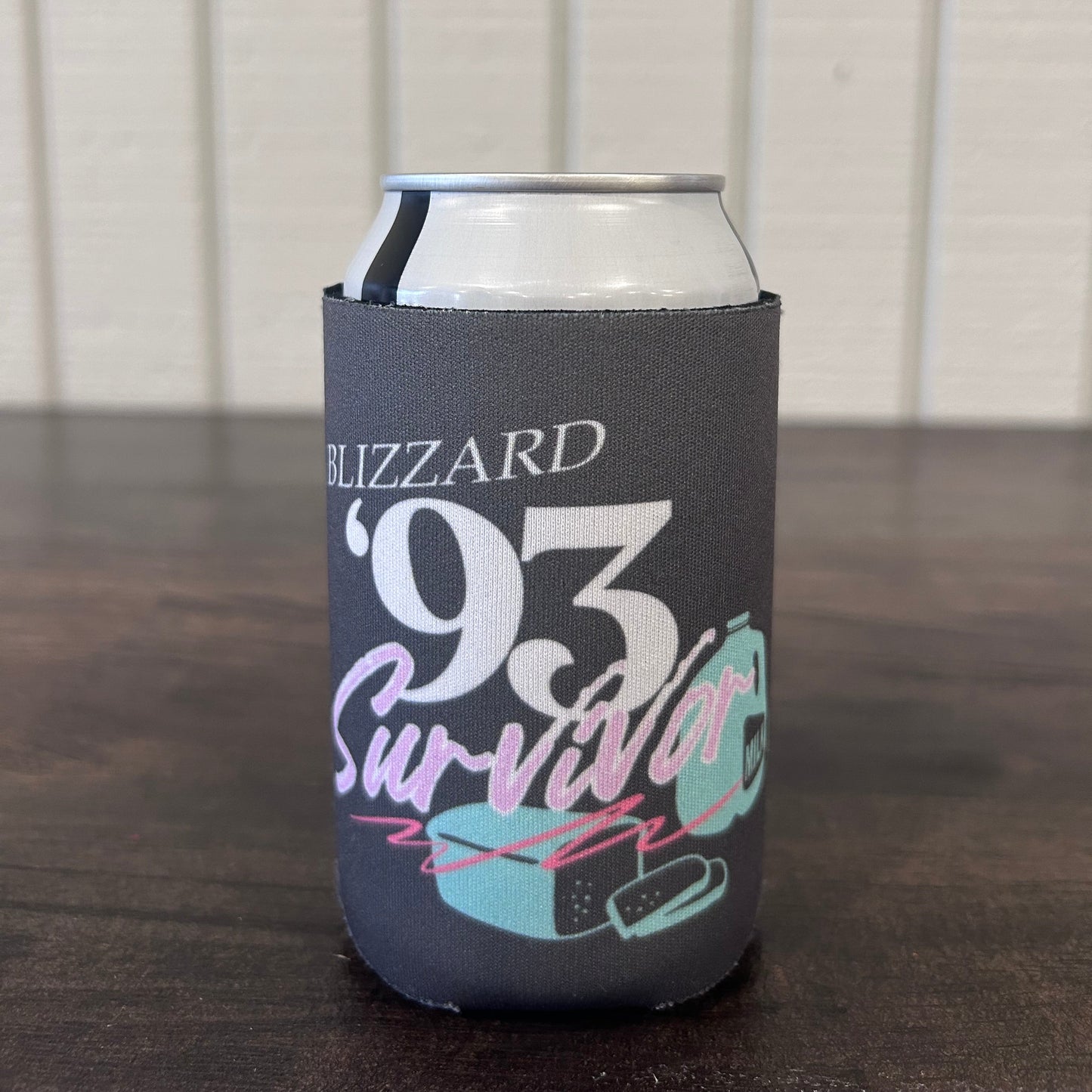 Grey can cooler with "Blizzard of '93 Survivor" and graphics of milk and bread