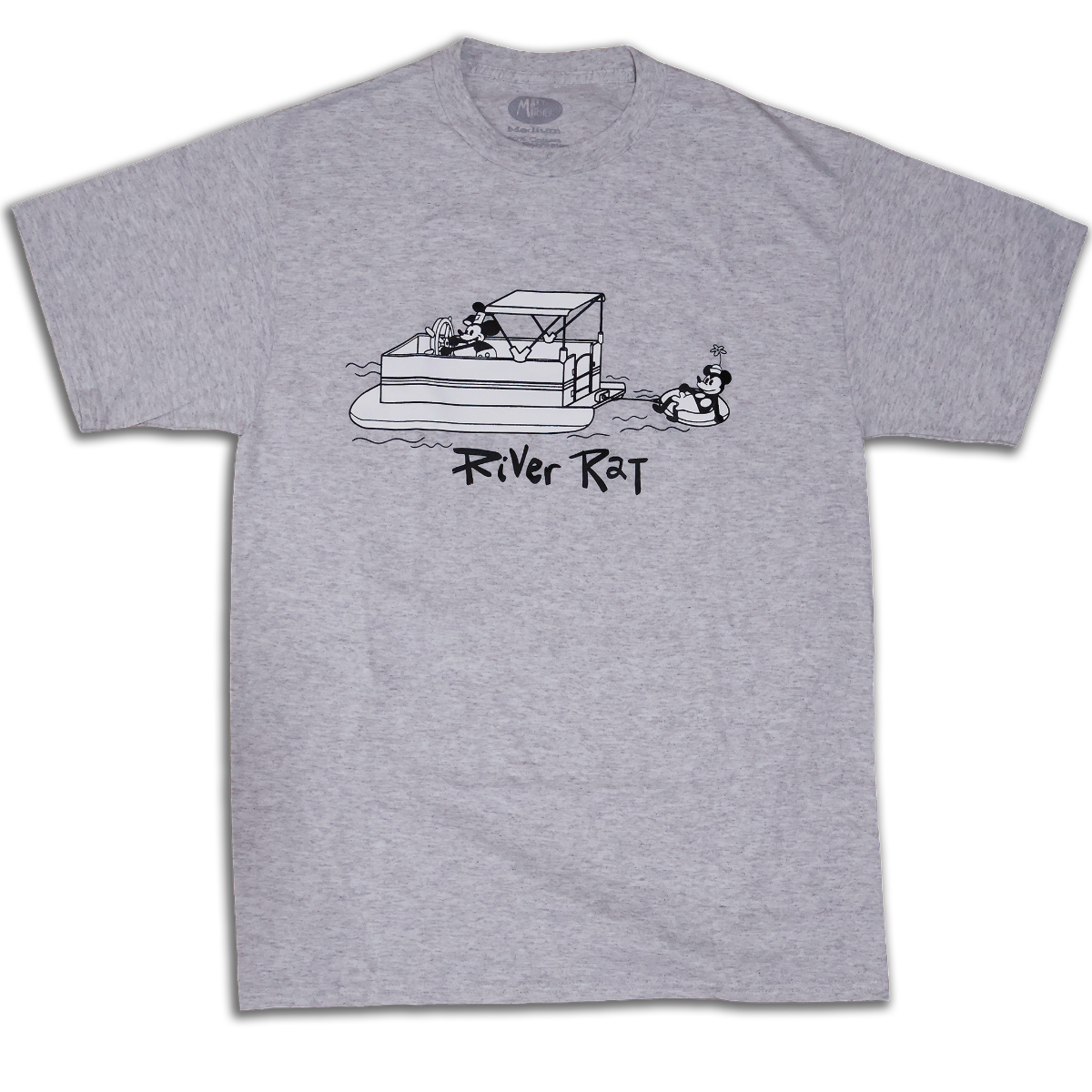 Gray t-shirt with a graphic of a pontoon boat and 'River Rat' text on a white background