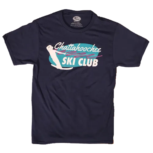 Navy blue t-shirt with 'Chattahoochee Ski Club' graphic on a white background
