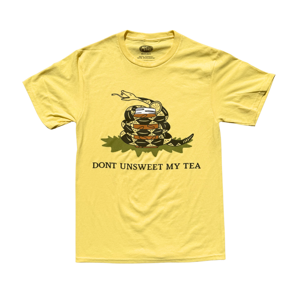 Funny southern saying shirt Don't Unsweet My Tea yellow t shirt with snake and sweet tea illustration