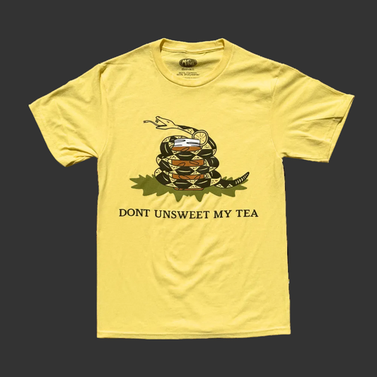 Funny southern saying shirt Don't Unsweet My Tea yellow t shirt with snake and sweet tea illustration on gray background