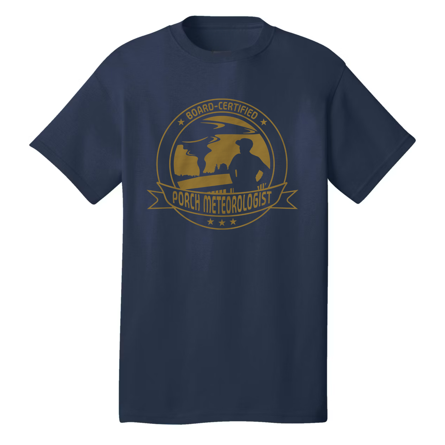 Navy blue funny southern t-shirt with “Porch Meteorologist” tornado weather design on front