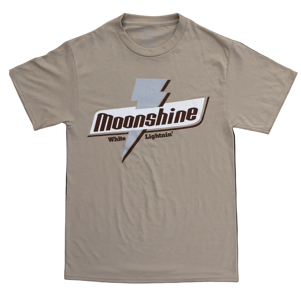 Beige t-shirt with 'Moonshine White Lightnin' logo on a white background