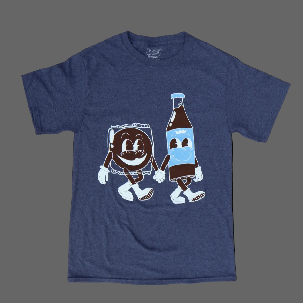 Blue t-shirt with cartoon character design on a gray background
