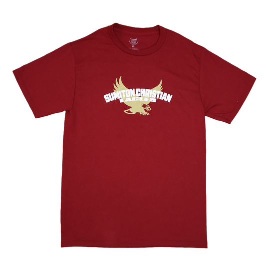 Red t-shirt with a logo and text on a white background