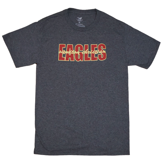 Gray t-shirt with 'EAGLES' printed in red and yellow on a white background