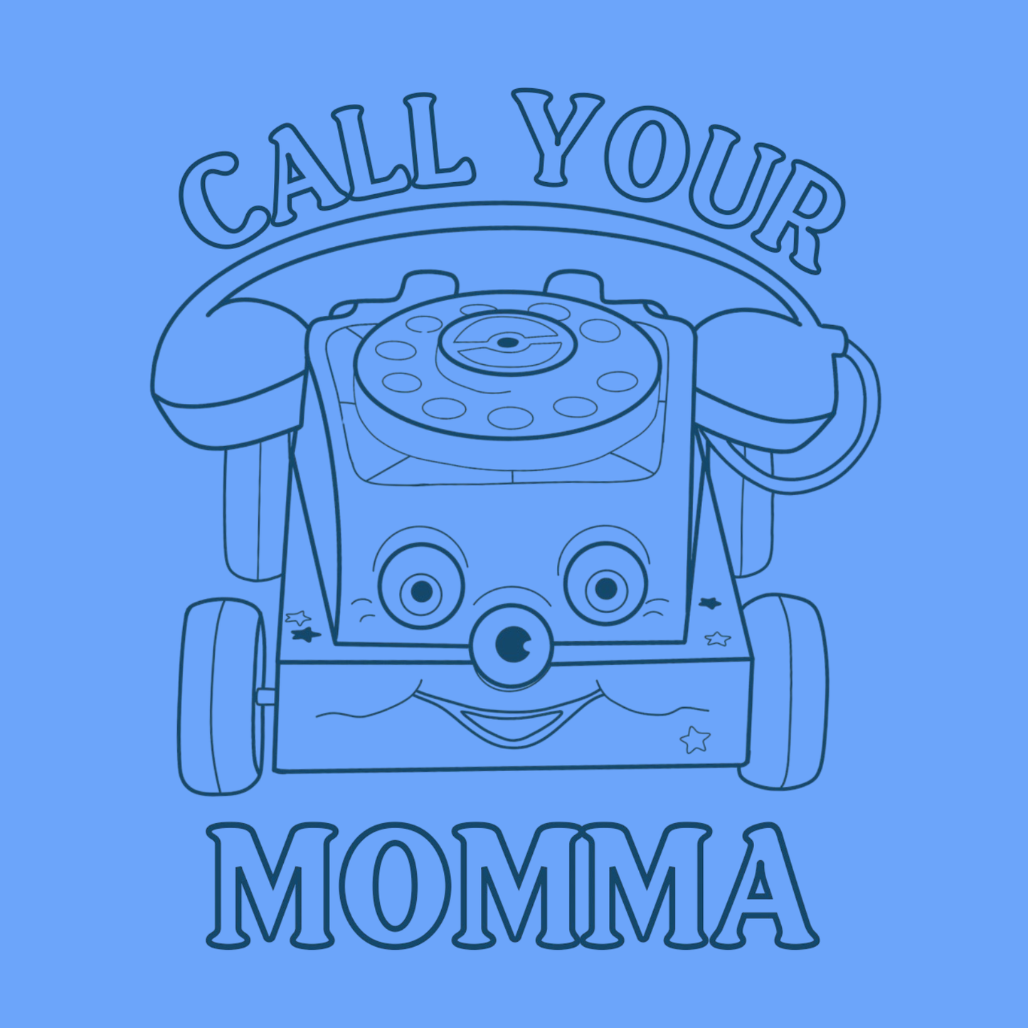 Blue outline of a toy phone with 'Call Your Momma' text on a blue background
