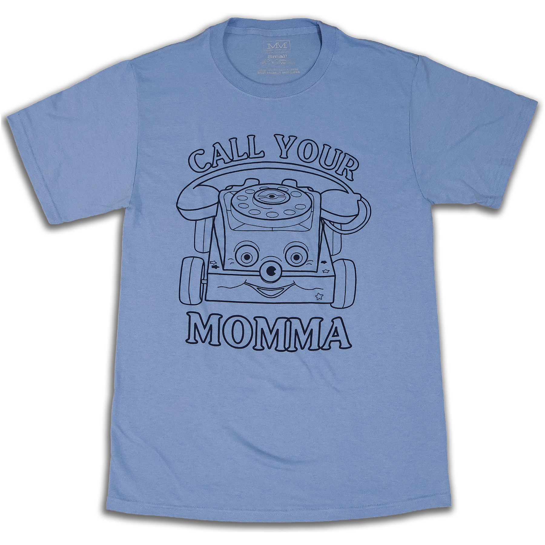 Light blue funny t-shirt with a graphic of a toy telephone and text 'Call Your Momma' on a white background