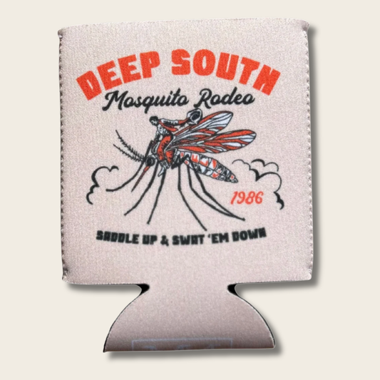 A fabric can cooler sleeve featuring a vintage-style mosquito rodeo graphic with the text 'DEEP SOUTH Mosquito Rodeo', '1986', and 'SADDLE UP & SWAT 'EM DOWN' on a light beige background.