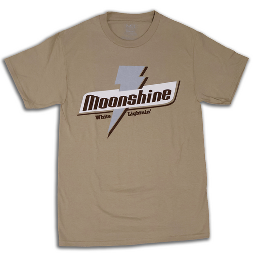 Beige t-shirt with 'Moonshine White Lightnin'' logo featuring lightning bolt parody of sports drink on a white background