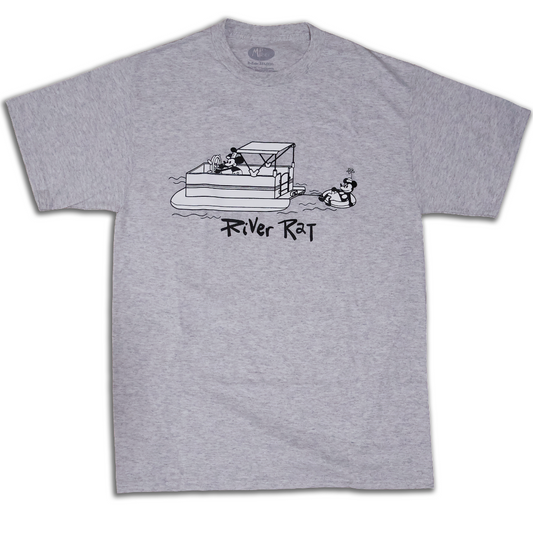 Gray t-shirt with a graphic of a pontoon boat and 'River Rat' text on a white background