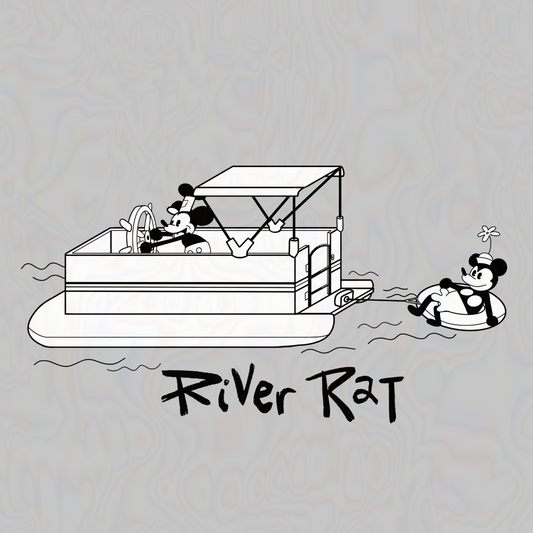 Cartoon illustration of a pontoon with a character and a person on an inner tube, labeled 'River Rat' on a light gray background. 