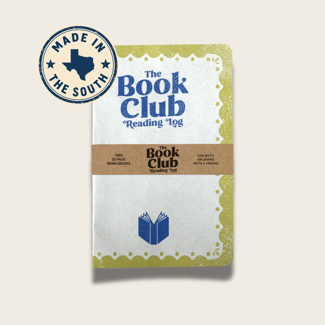The Book Club Reading Log notebook cover shown on a light beige background, with a circular 'Made in the South' badge graphic in the upper left. The cover features a cream background with a yellow-green scalloped border, a brown paper band across the middle, and blue text and book icon.