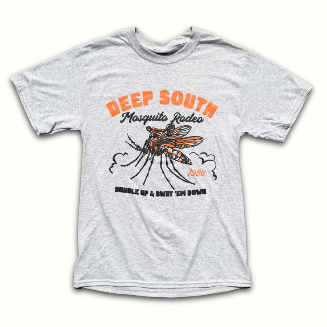 Gray Deep South Mosquito Rodeo t-shirt with orange and black mosquito graphic