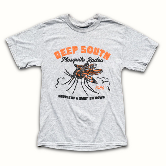 Gray Deep South Mosquito Rodeo t-shirt with orange and black mosquito graphic
