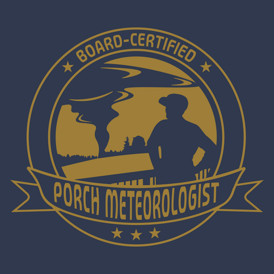 Funny southern weather shirt graphic reading “Porch Meteorologist” with tornado and silhouette illustration