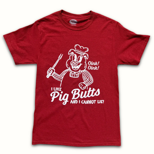 Red I Like Pig Butts t-shirt with cartoon pig pitmaster graphic and bold white text on white background