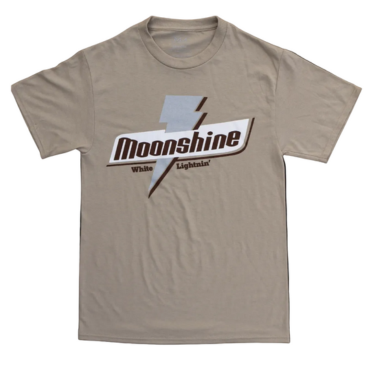 Beige t-shirt with 'Moonshine White Lightnin' logo on a white background
