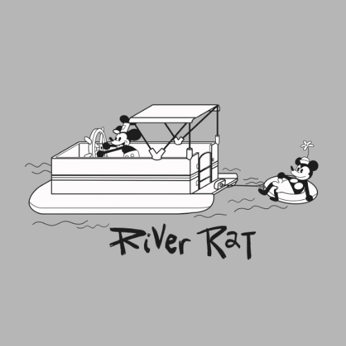 River Rat graphic with pontoon boat and floating character illustration on gray background