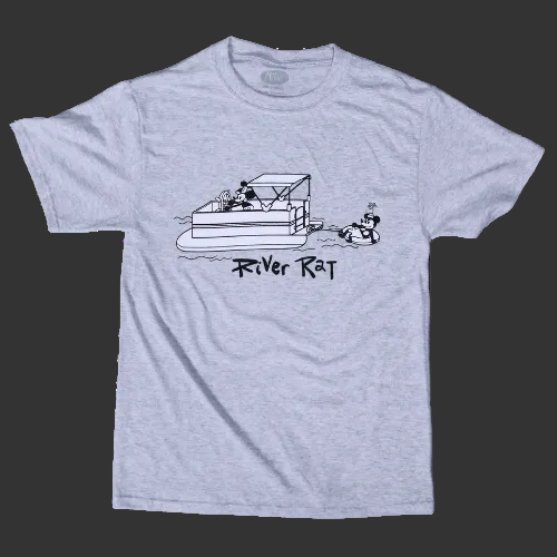 Gray river rat t-shirt with pontoon boat graphic and floating figure design on black background