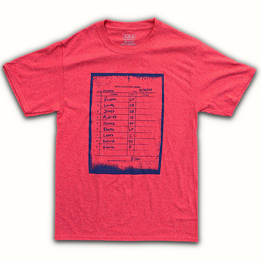Atlanta baseball shirt featuring 1995 lineup graphic known as 95 Clinch Card on red t-shirt with white background